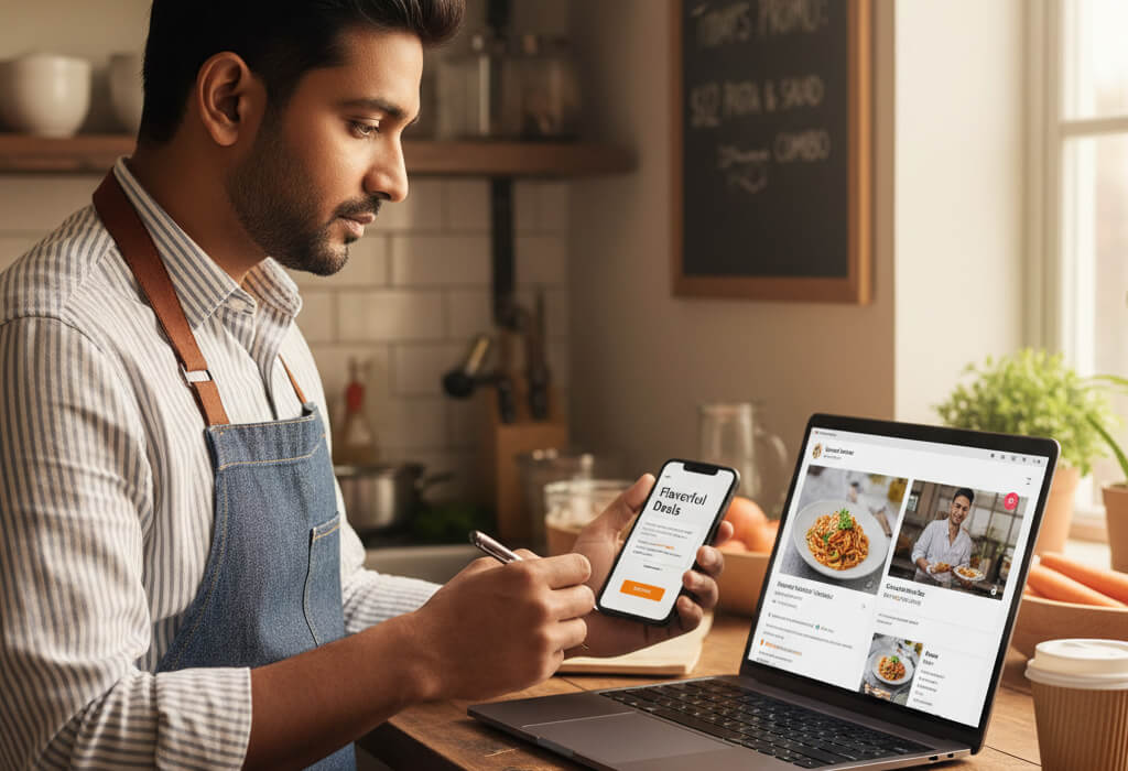 Restaurant owner using social media, email campaigns, and website updates to market the restaurant on a small budget.
