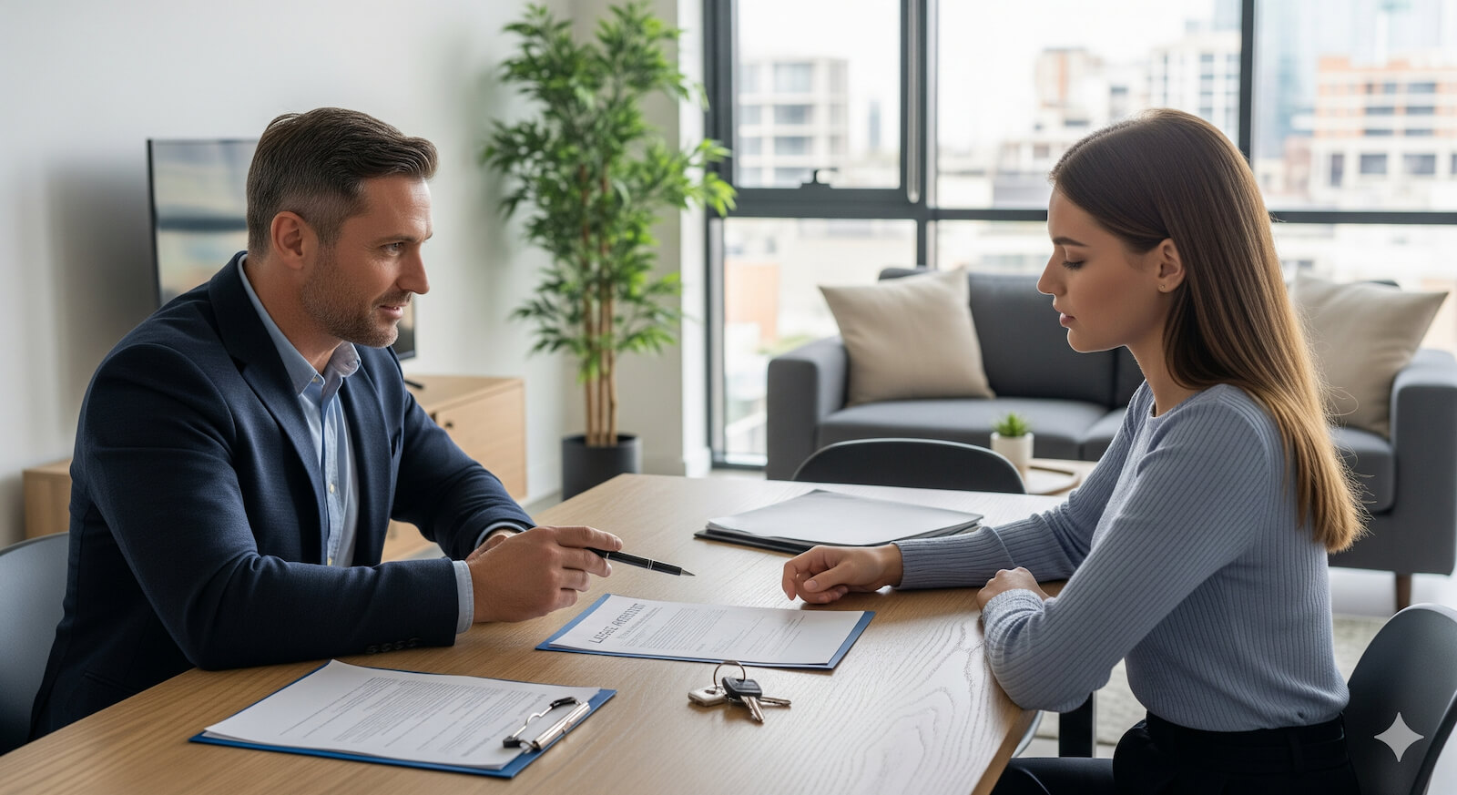 Landlord and tenant reviewing a lease agreement with legal documents and apartment keys on the table.
