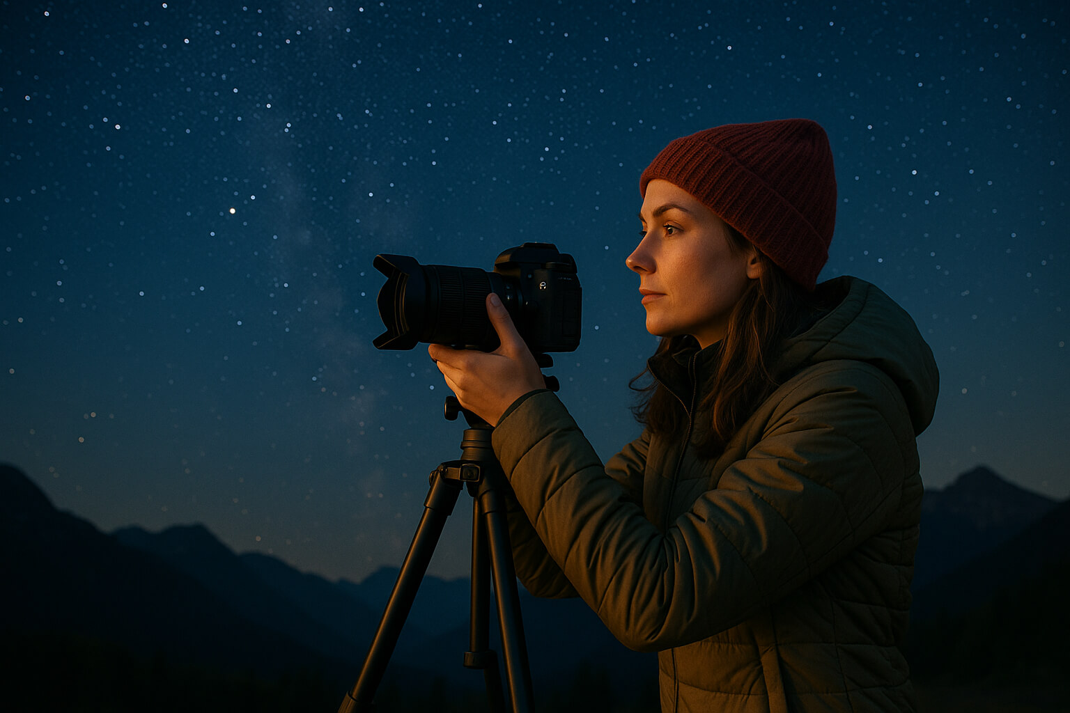 Photographer shooting stars with a budget DSLR camera under a clear starry sky.