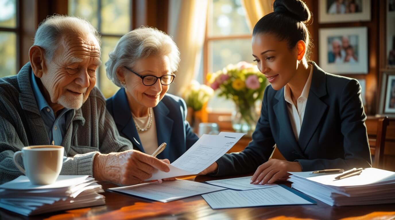 Senior couple reviewing legal documents for a reverse mortgage with their advisor.