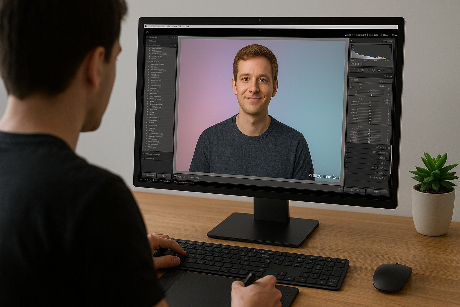 Photographer editing an image with a visible copyright symbol (© 2025 John Doe) in the corner of the photo.