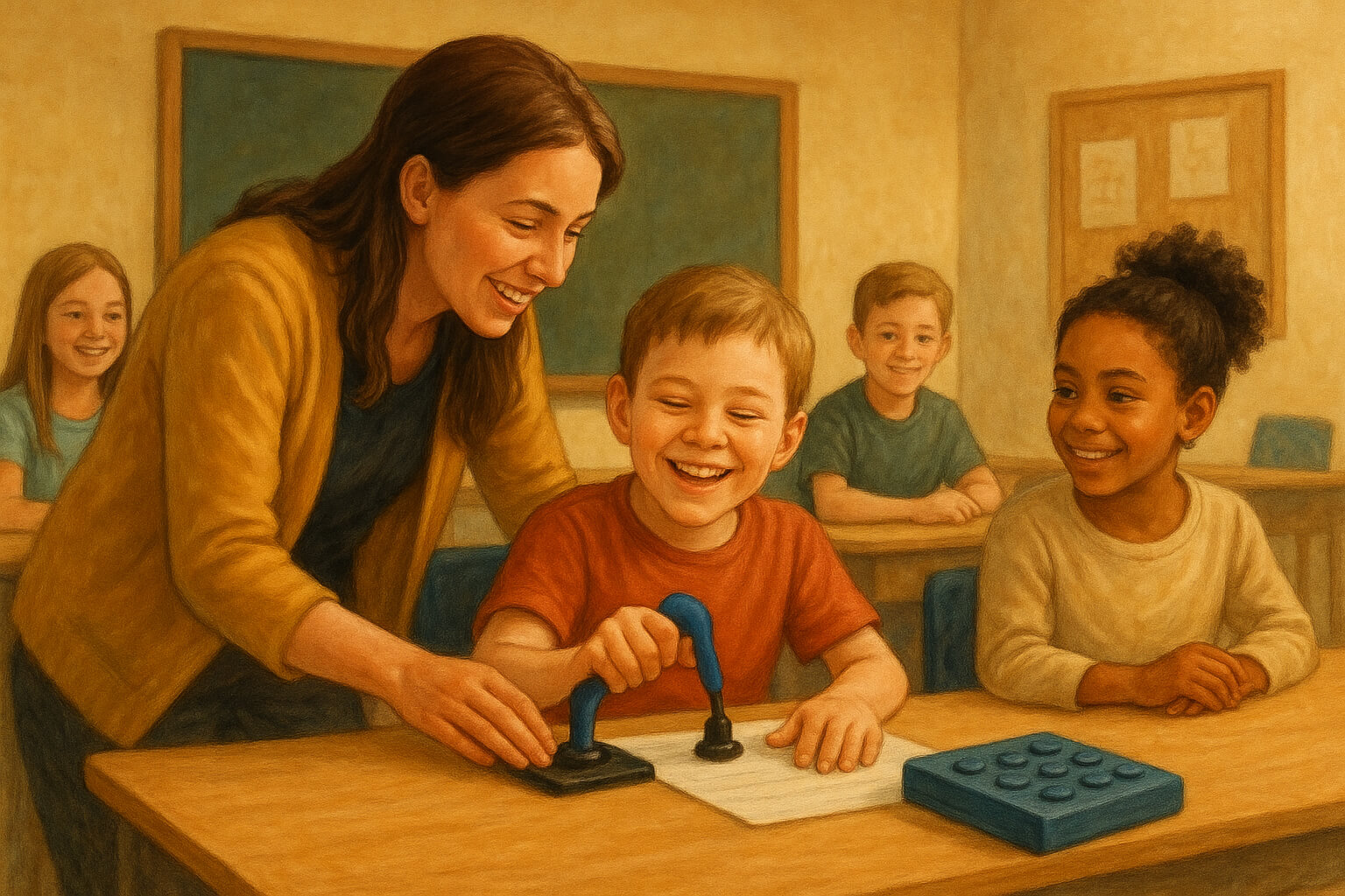 Teacher supporting a child with special needs in an inclusive classroom environment.