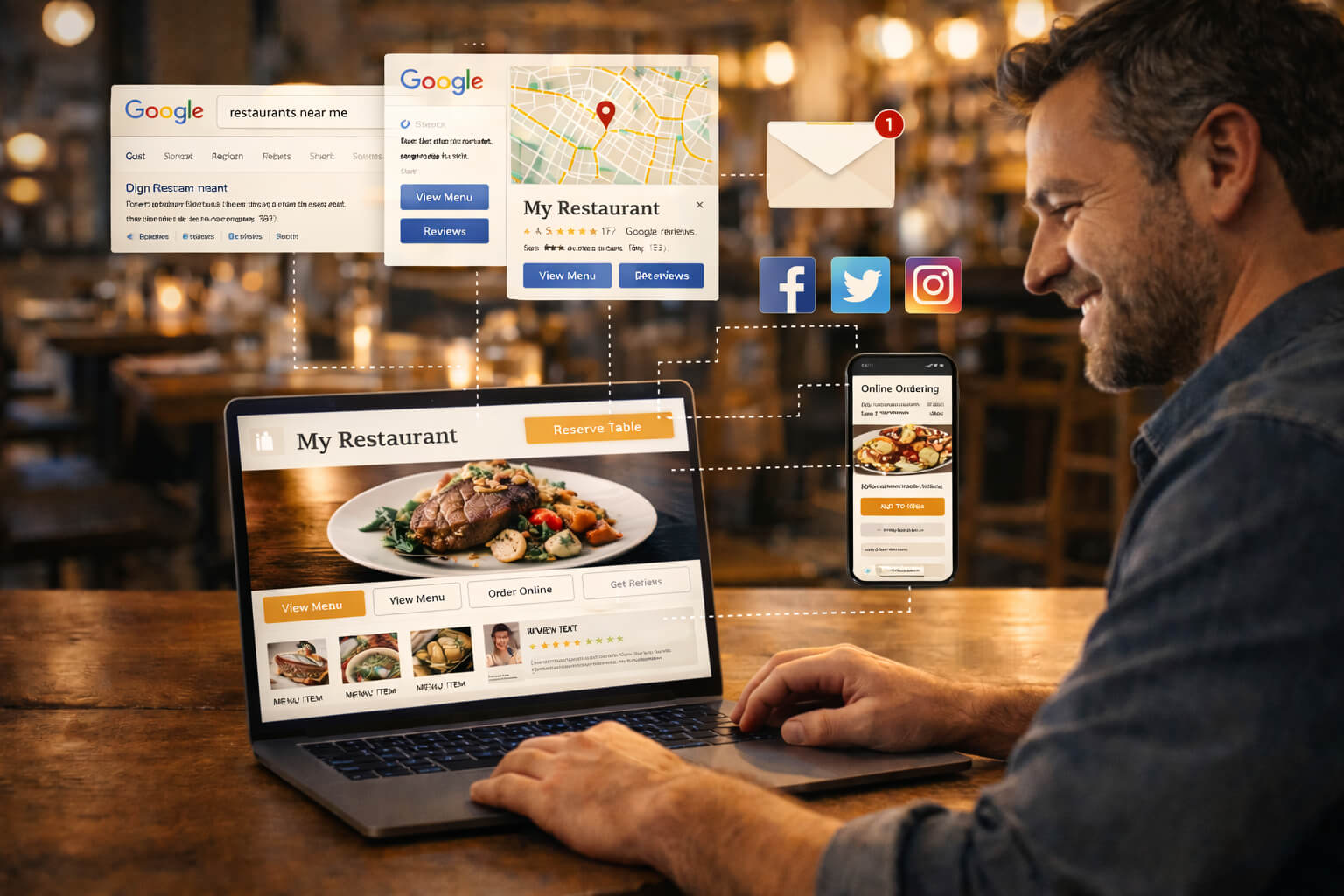 Restaurant digital strategy centered around a website for SEO, bookings, and direct online orders.