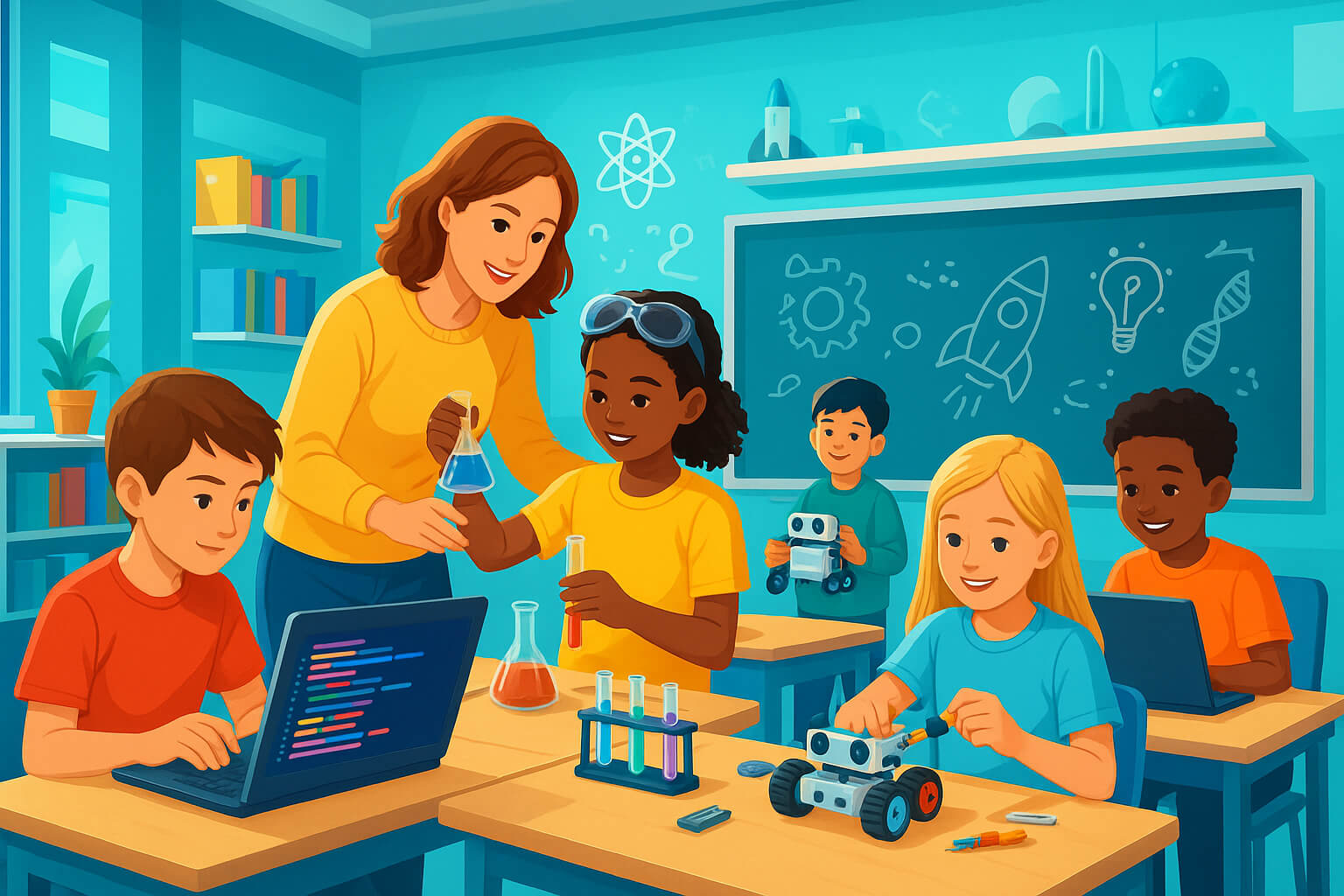 Students engaged in STEM education activities, working with robotics, coding, and science experiments in a collaborative classroom.