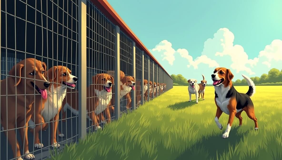 Rescued dogs playing freely compared to neglected dogs in cramped puppy mill cages.