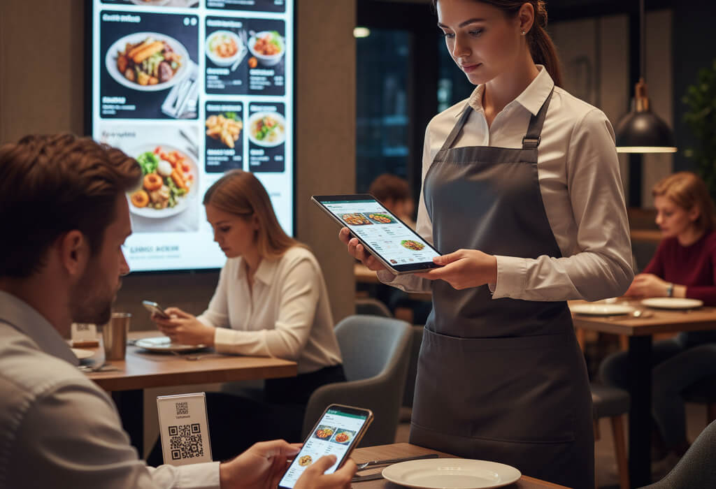 Restaurant staff and customers using digital menus on tablets and smartphones to place orders efficiently.
