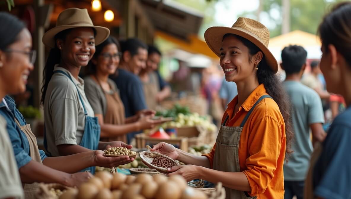Farmers selling fair trade coffee and cocoa with Fair Trade Certified labels at a market.