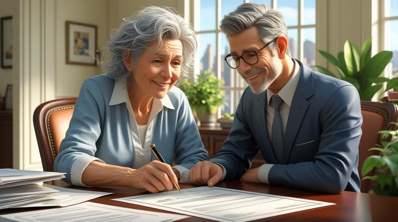Senior homeowner consulting a real estate attorney about reverse mortgage paperwork.