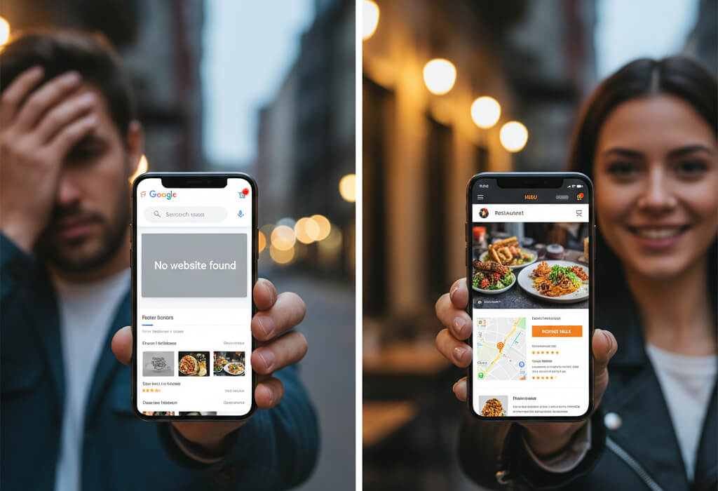 Restaurant visibility comparison showing diners unable to find a menu without a website versus diners easily discovering a restaurant through a modern website.