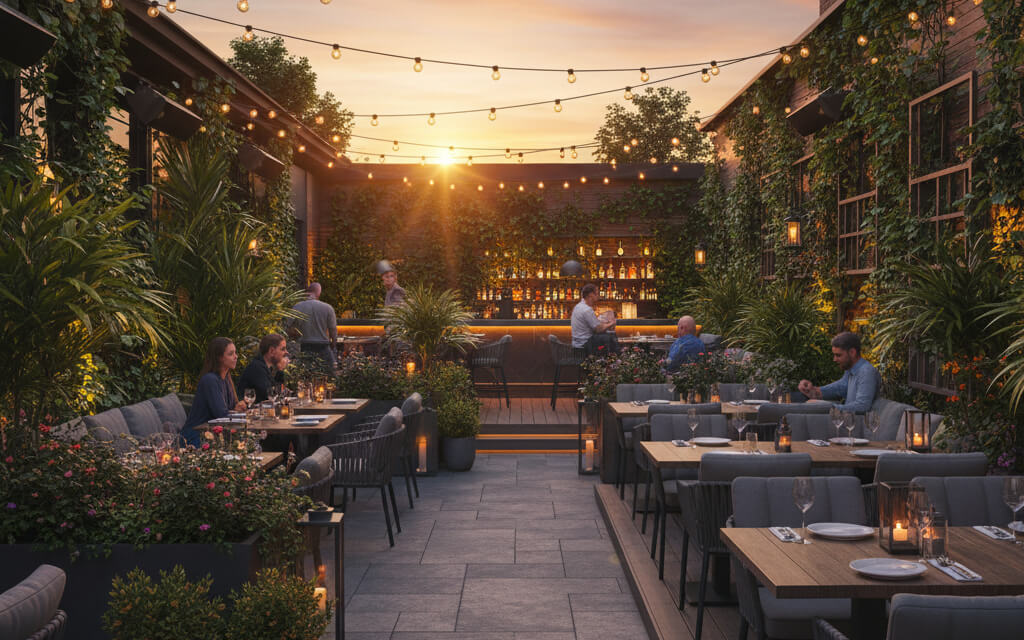 Beautiful outdoor restaurant patio with warm lighting, plants, and guests enjoying dinner at sunset.
