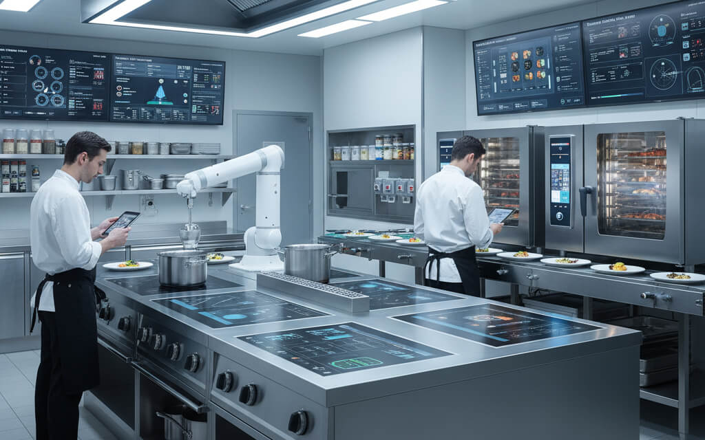 Modern smart restaurant kitchen with digital screens and connected cooking equipment.