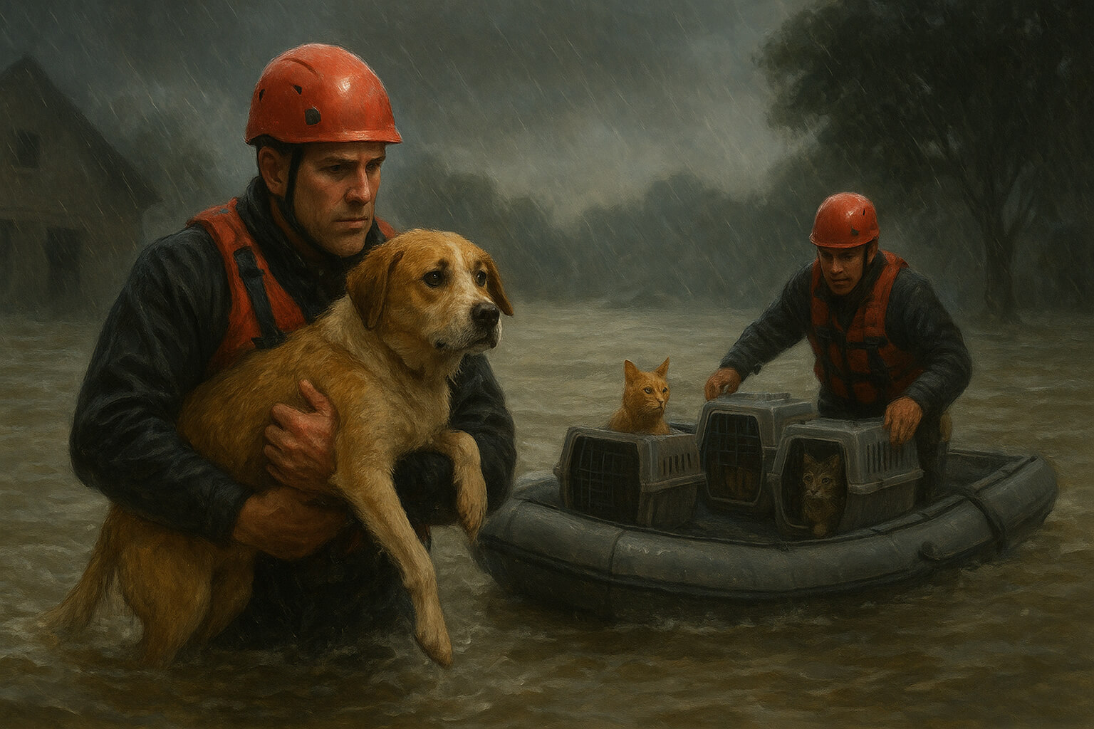 Rescue workers saving dogs and cats during a flood as part of animal disaster relief efforts.