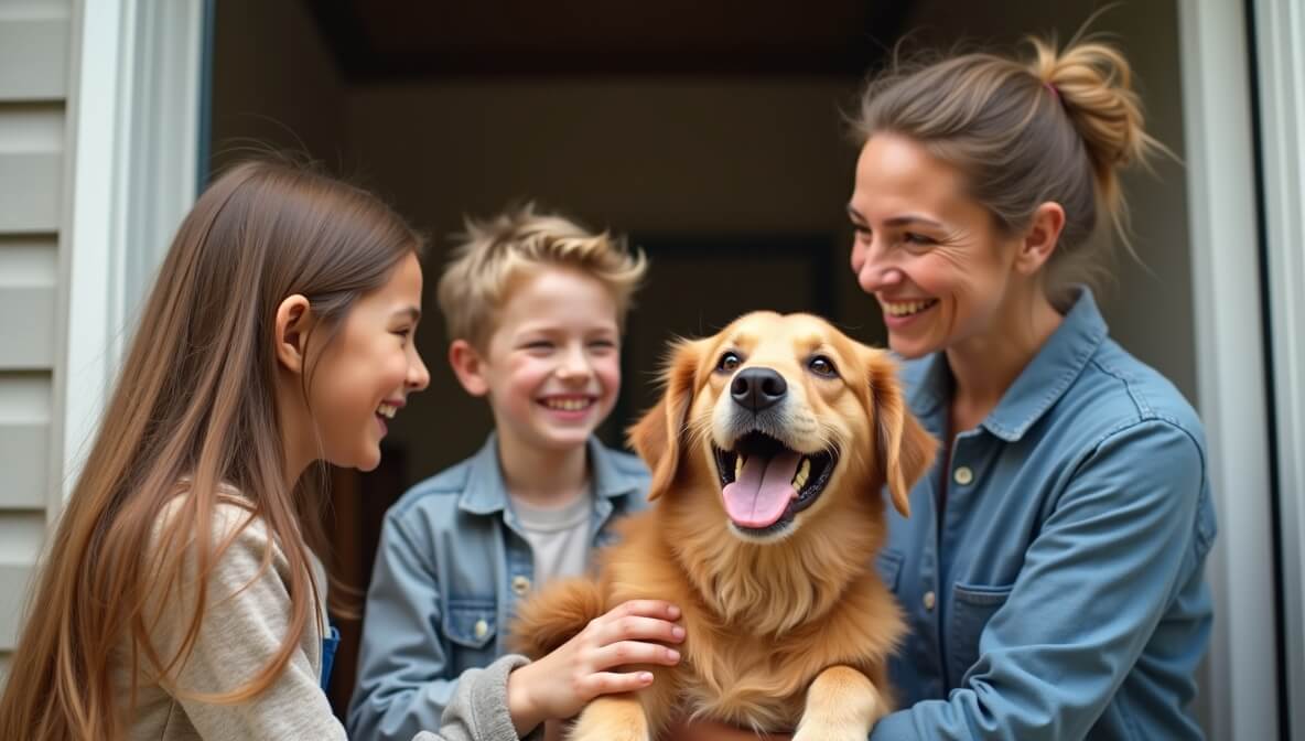 A happy family adopting a rescue dog from an animal shelter, supported by a smiling shelter worker.
