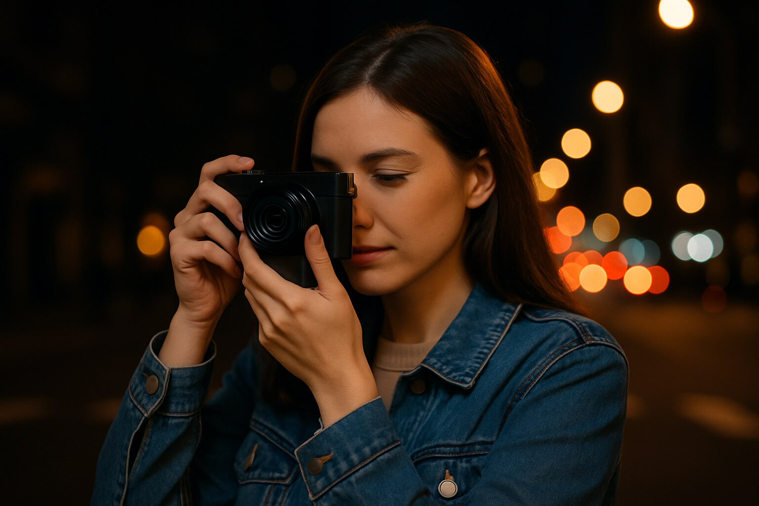 Photographer capturing night city scene using a compact camera with bokeh lights in background.
