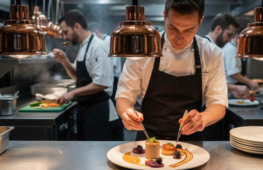 Chef in a modern restaurant kitchen plating a beautifully presented signature dish with creative garnishing and fresh ingredients.