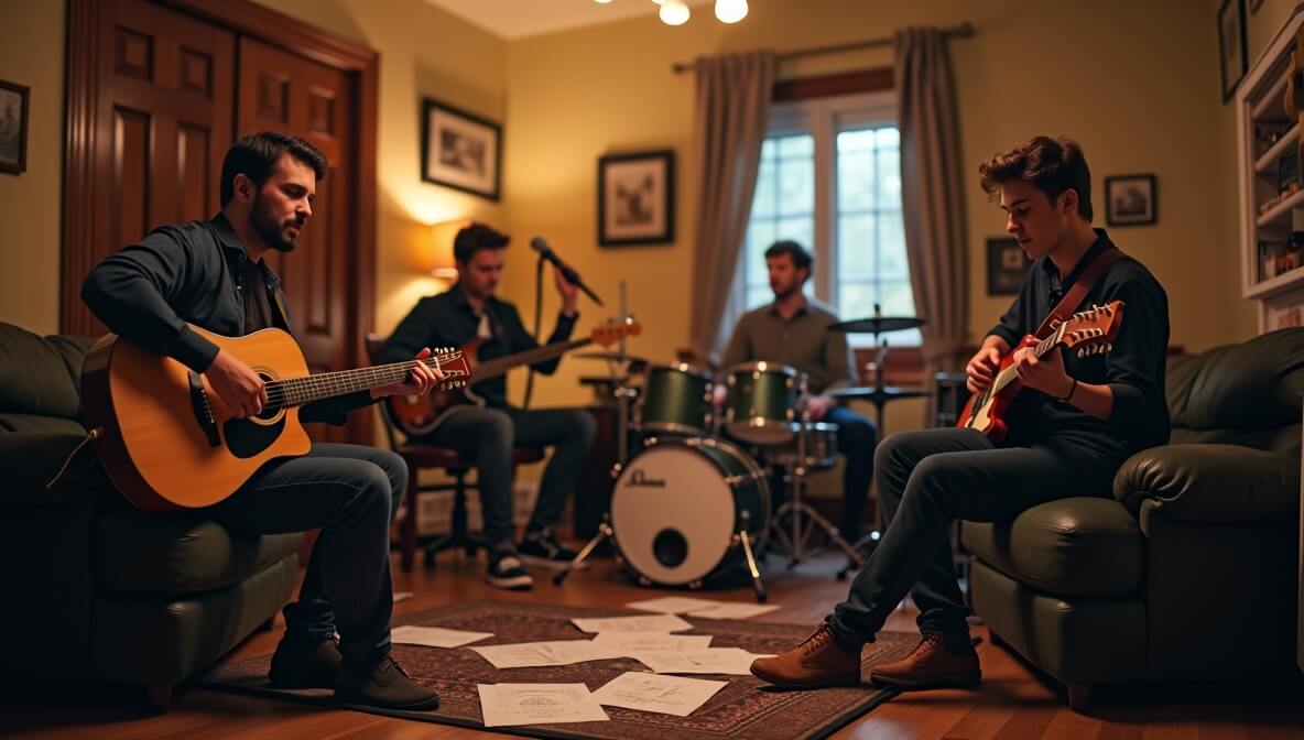 Beginner band practicing in a home studio with guitar, bass, drums, and vocals.