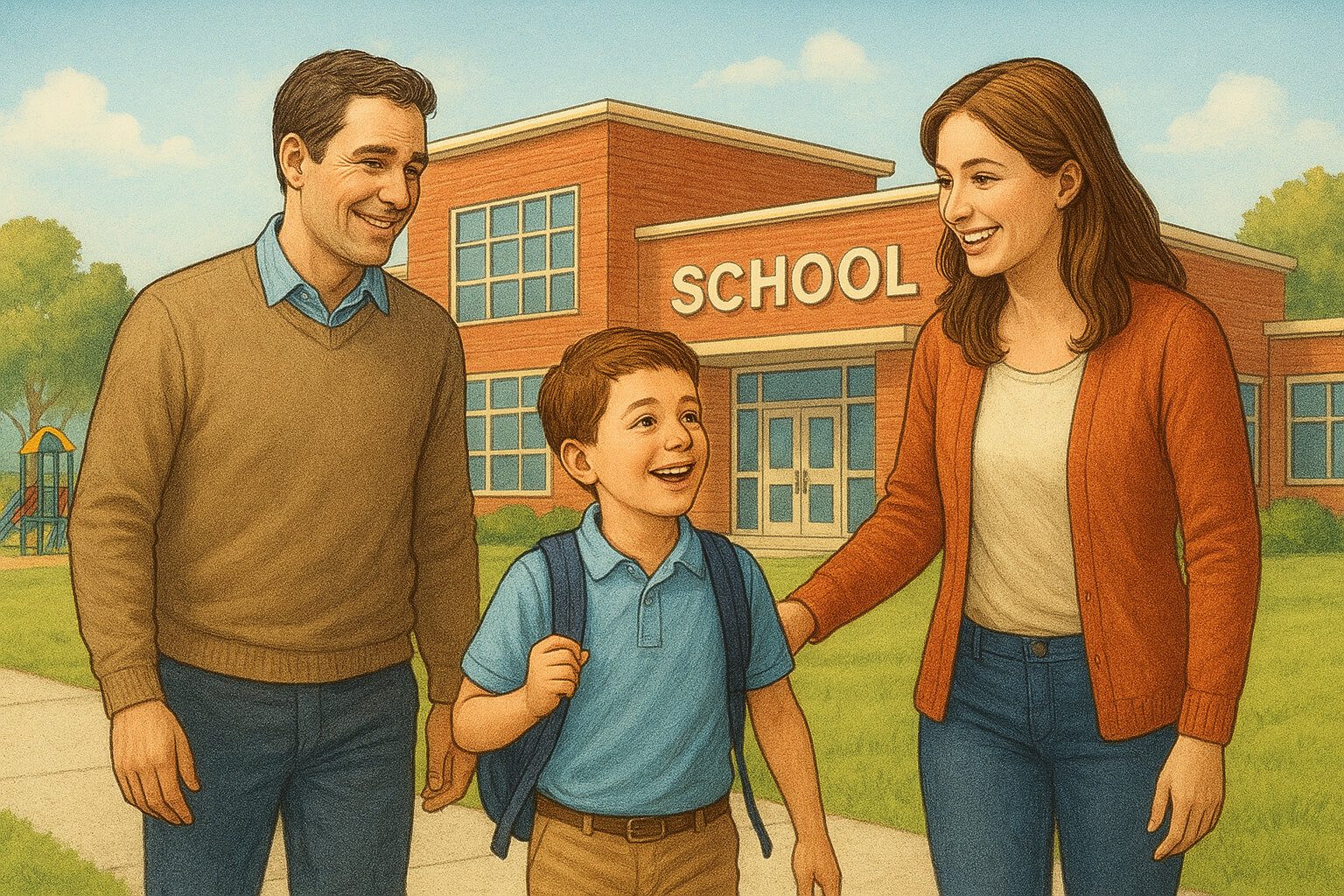 A happy child walking with parents toward a school building, symbolizing choosing the right school.