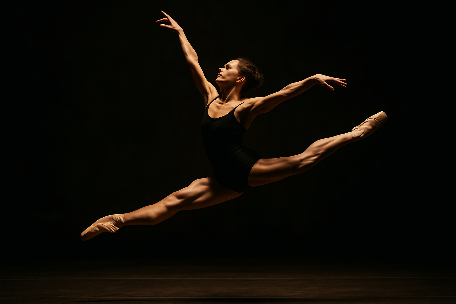 Ballet dancer leaping mid-air under stage lighting, frozen in perfect form.