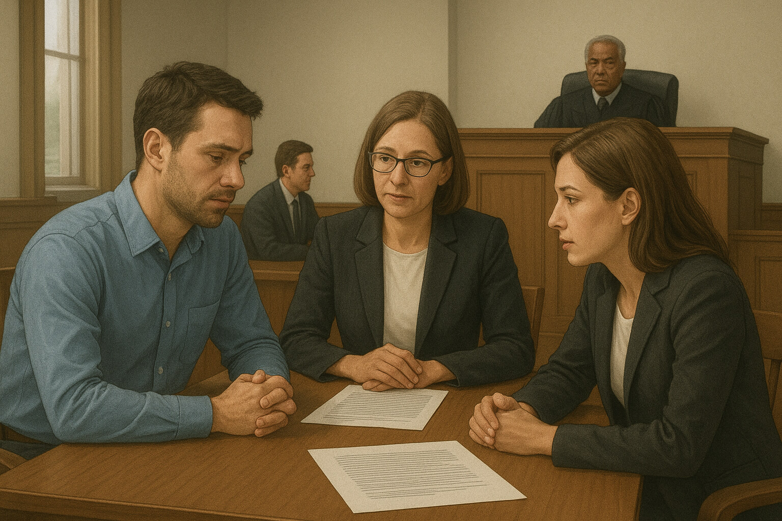 Defendant consulting with private criminal defense attorney in a courtroom.