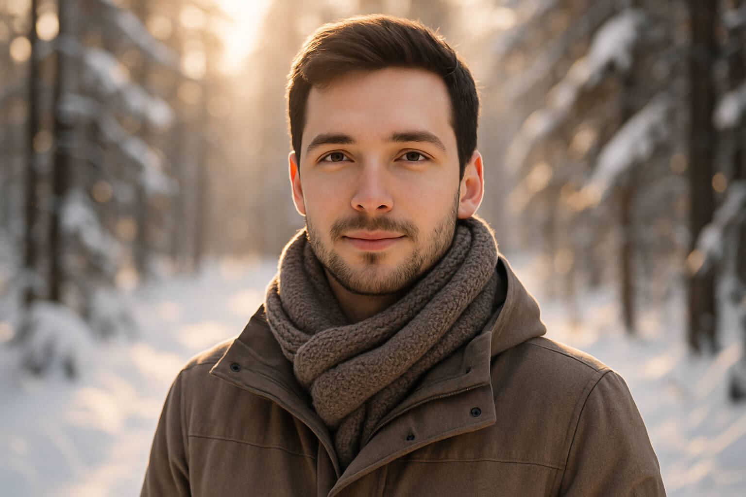 Winter portrait of a person standing in a snow-covered forest, bathed in soft golden light with blurred snow-covered trees in the background.