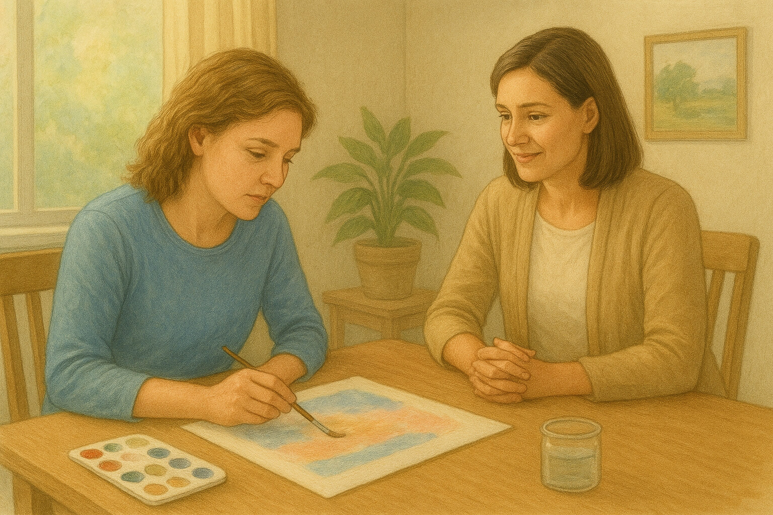 A person painting on a canvas during an art therapy session, expressing emotions through colors and creativity in a calm environment.