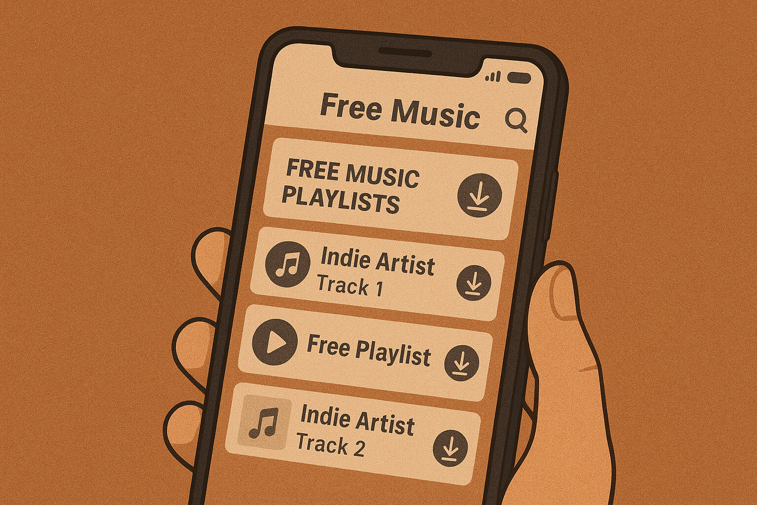 Smartphone screen showing free music download apps for Android and iOS, featuring indie tracks and royalty-free music playlists.