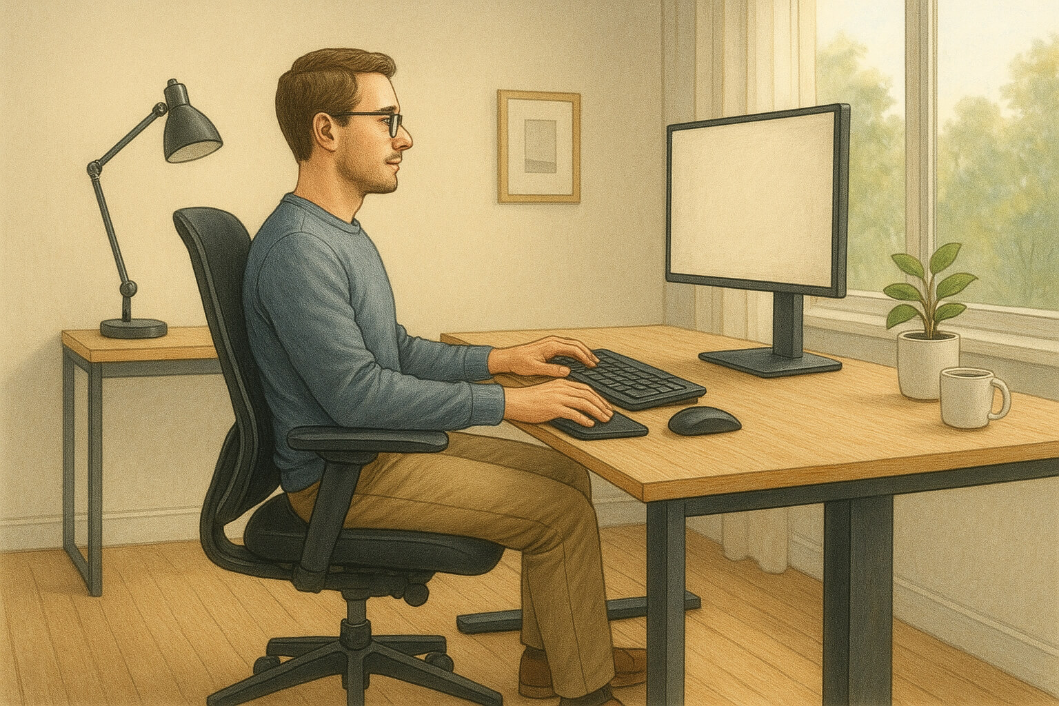 A person working at a desk with an ergonomic chair, proper monitor height, and wrist support, ensuring healthy posture.