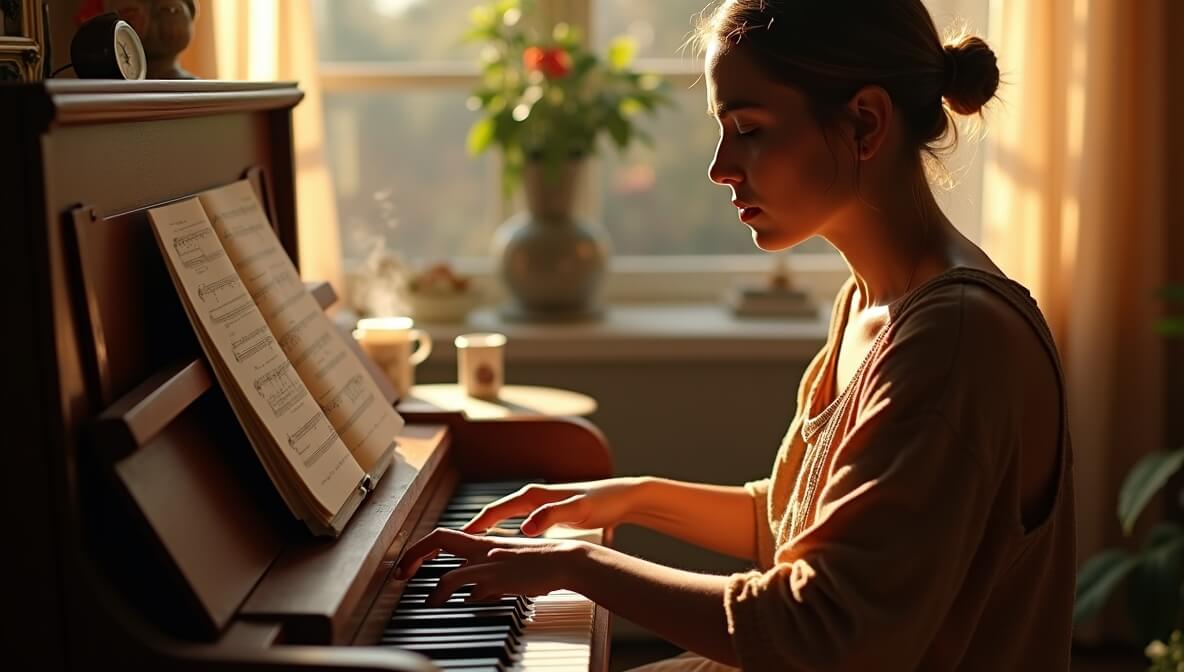 Pianist practicing in the morning with coffee and metronome on a desk.