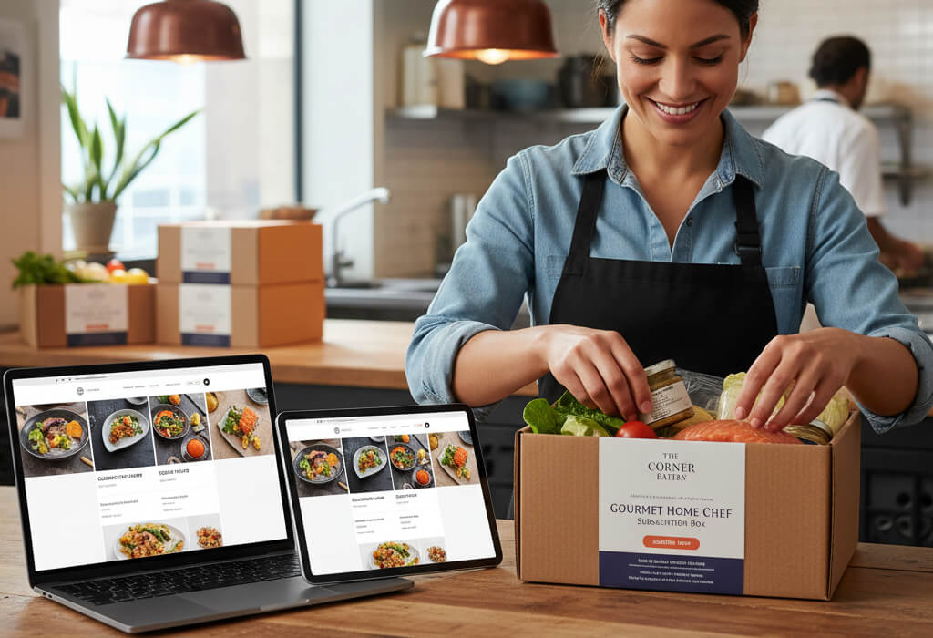 Restaurant preparing subscription meal box with branded packaging and website sign-up page on laptop and tablet.