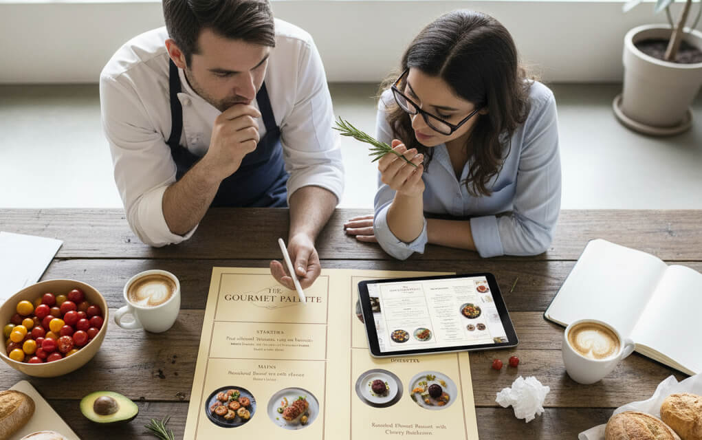 Chef and designer creating restaurant menu descriptions with food photos and elegant typography on a wooden table.