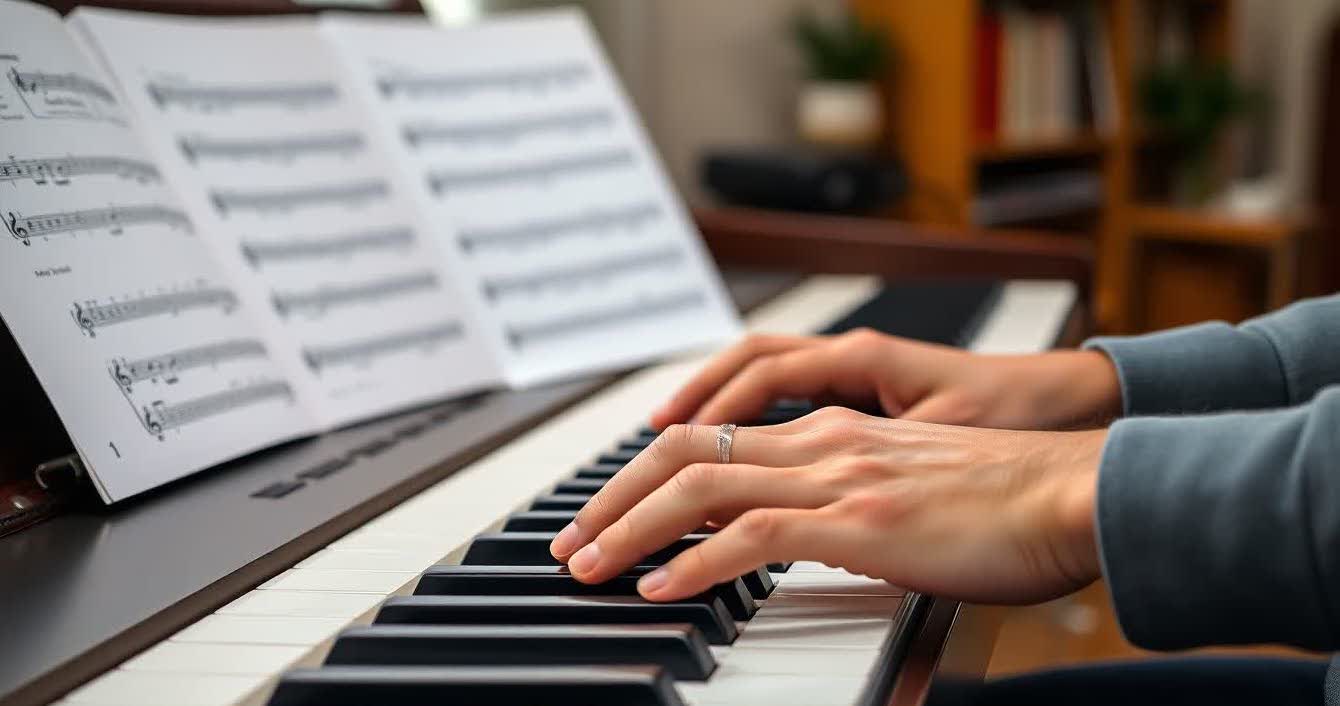 Pianist practicing major and minor scales on a keyboard in a home studio.
