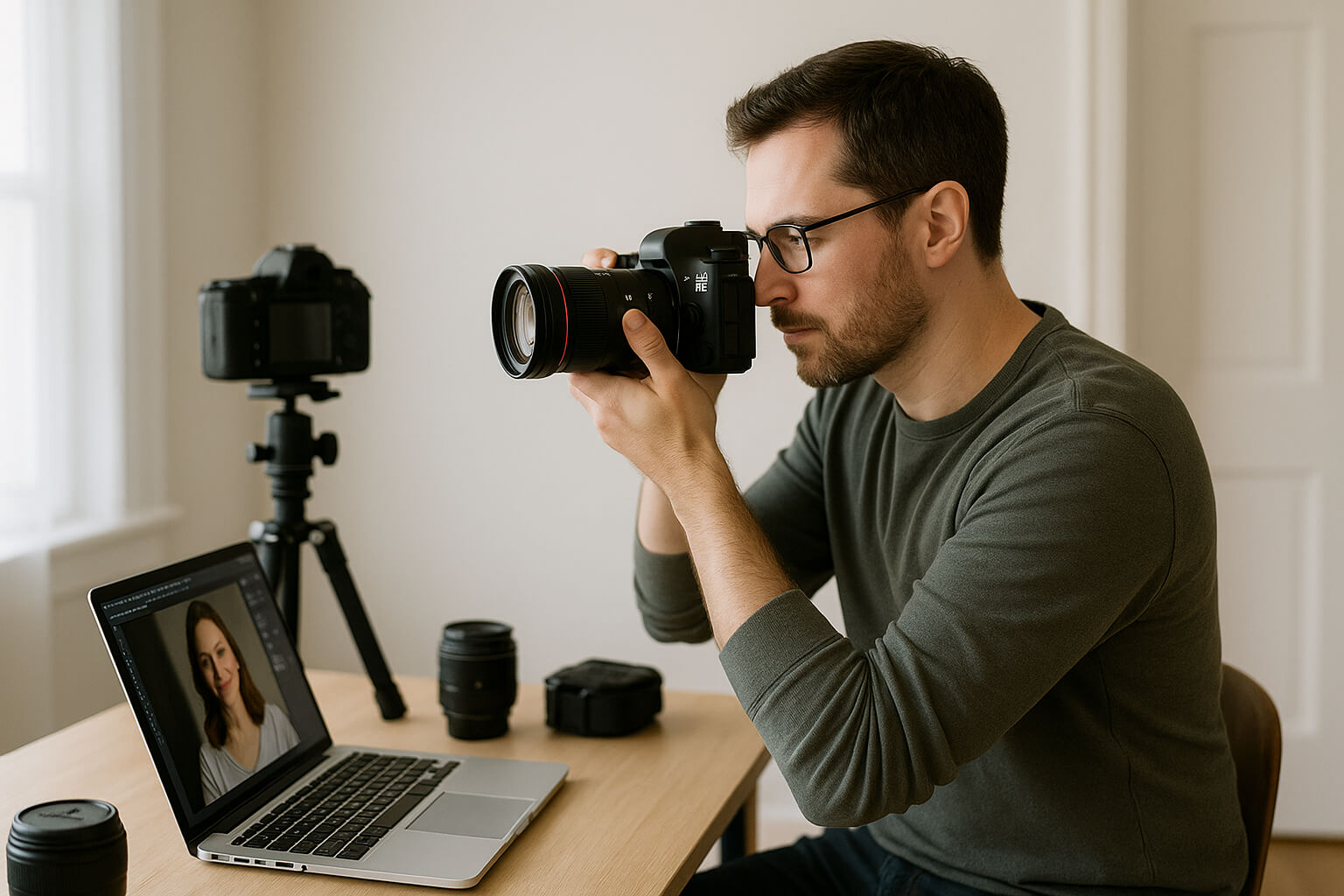 A photographer setting up for a photo shoot in a well-lit home studio with a laptop and camera gear. The photographer is preparing to take professional pictures for freelance work