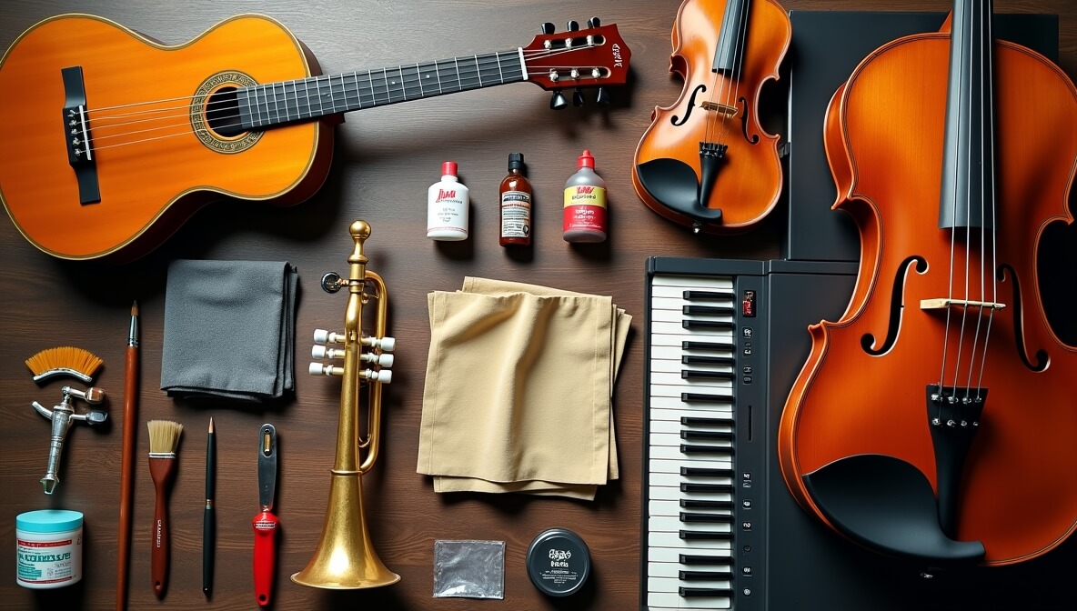 Musical instruments with cleaning tools arranged for maintenance