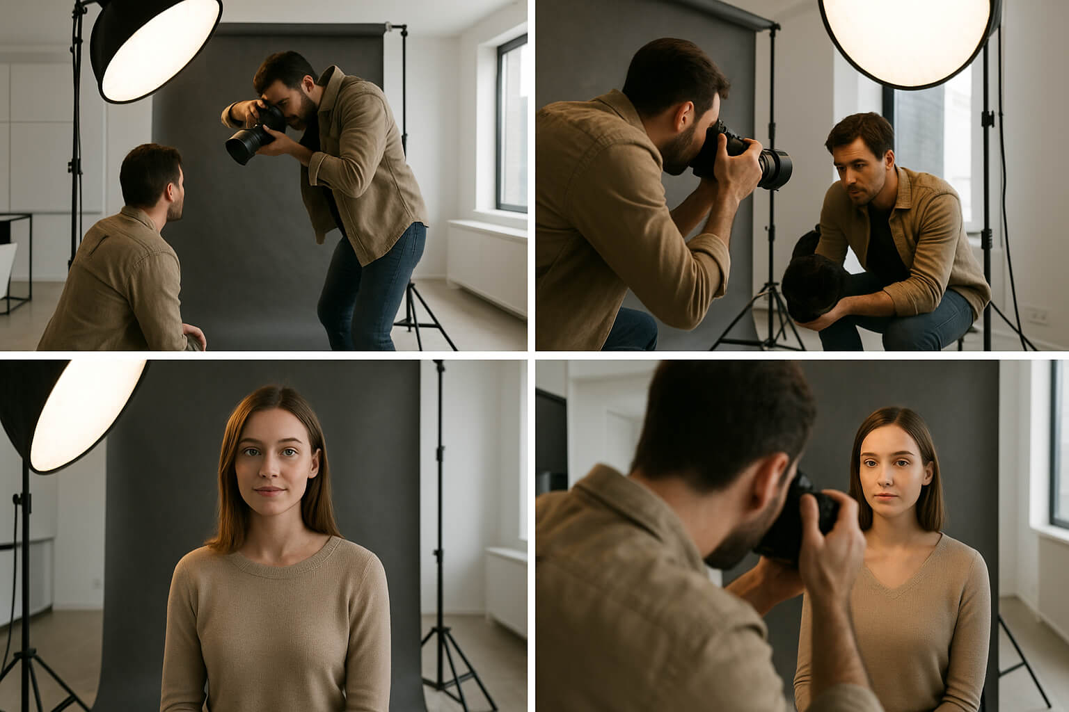 Photographer demonstrating various photography angles in a professional studio.