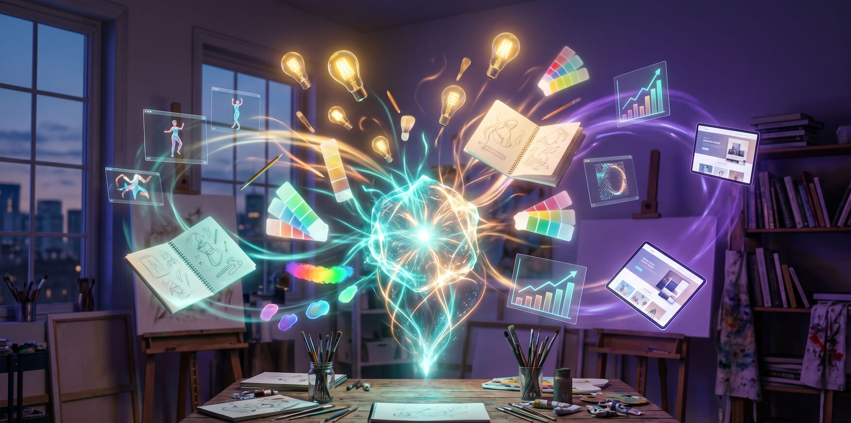 A burst of AI-powered creative ideas illuminating an artist's studio workspace in 2026