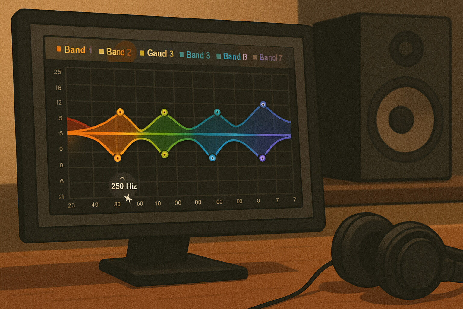 Parametric EQ plugin displayed on a music production software screen in a professional studio setup.
