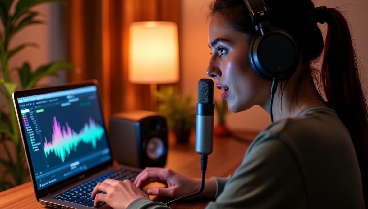 Beginner practicing pitch-matching with a MIDI keyboard and microphone at home.