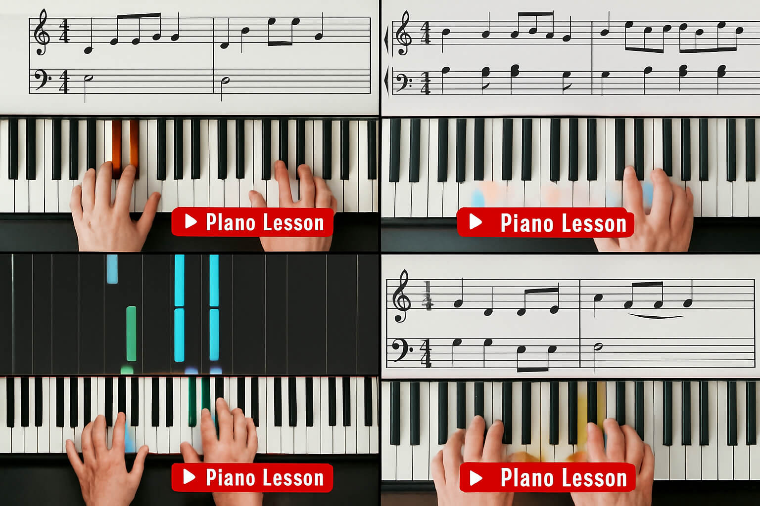 Beginner piano lessons on YouTube with visual guides and close-up keys.
