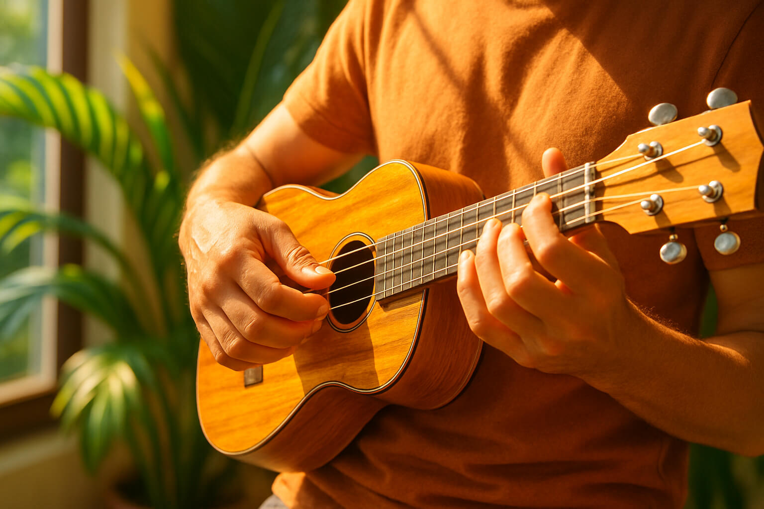 Beginner learning to strum a ukulele with smooth hand motion.