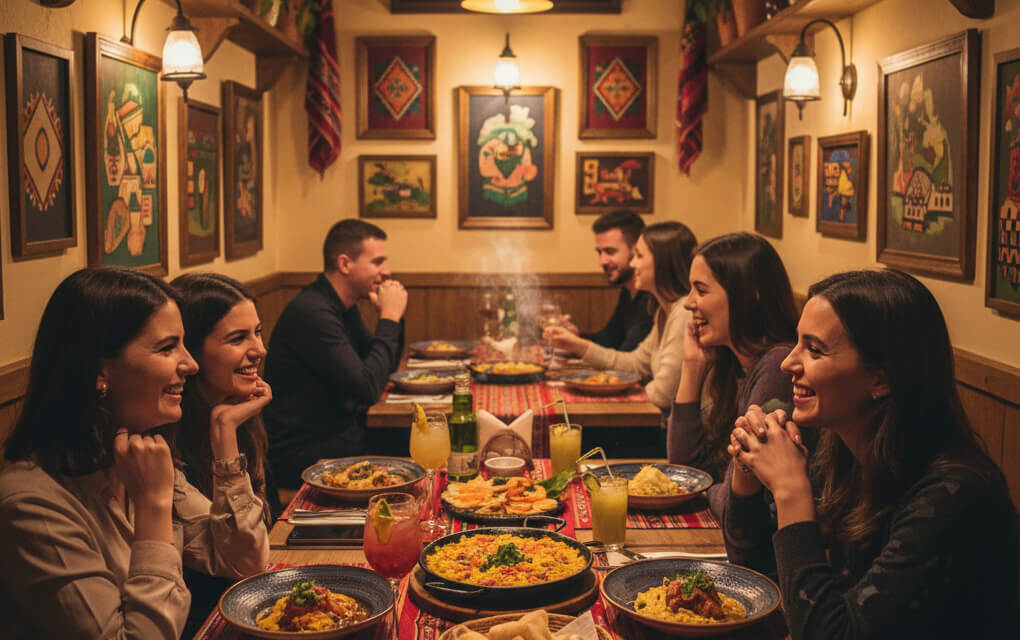 Restaurant interior showcasing local art, traditional décor, and regional dishes