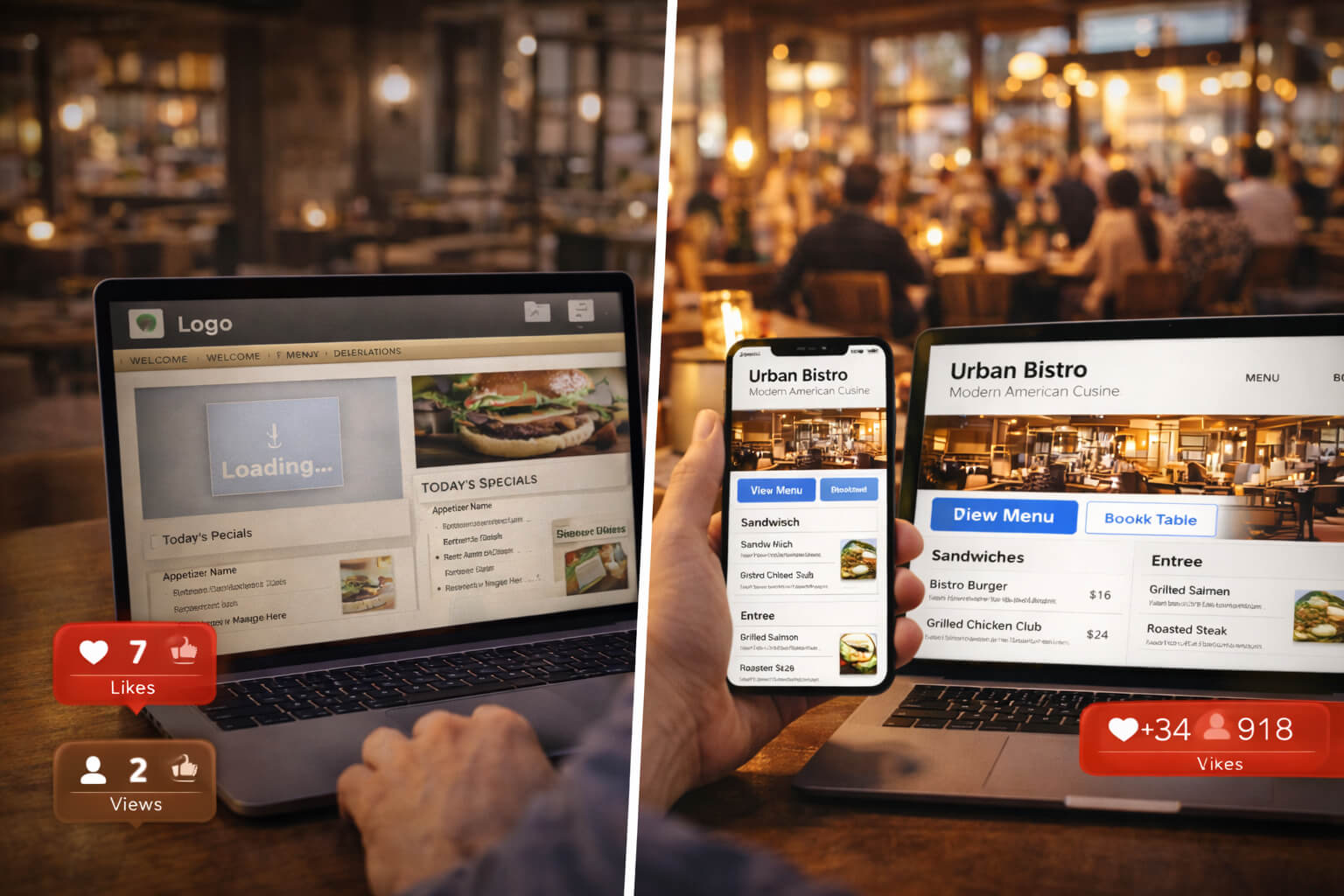 Before and after comparison of a restaurant website redesign showing improved layout, mobile optimization, clear menu access, and increased customer engagement.