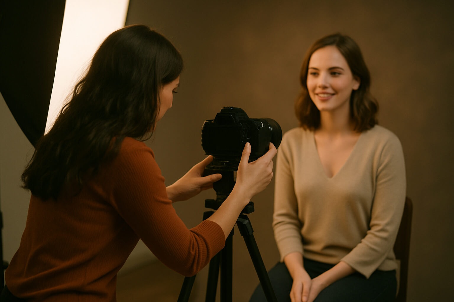 Portrait photographer capturing a candid shot of a smiling model with professional studio lighting