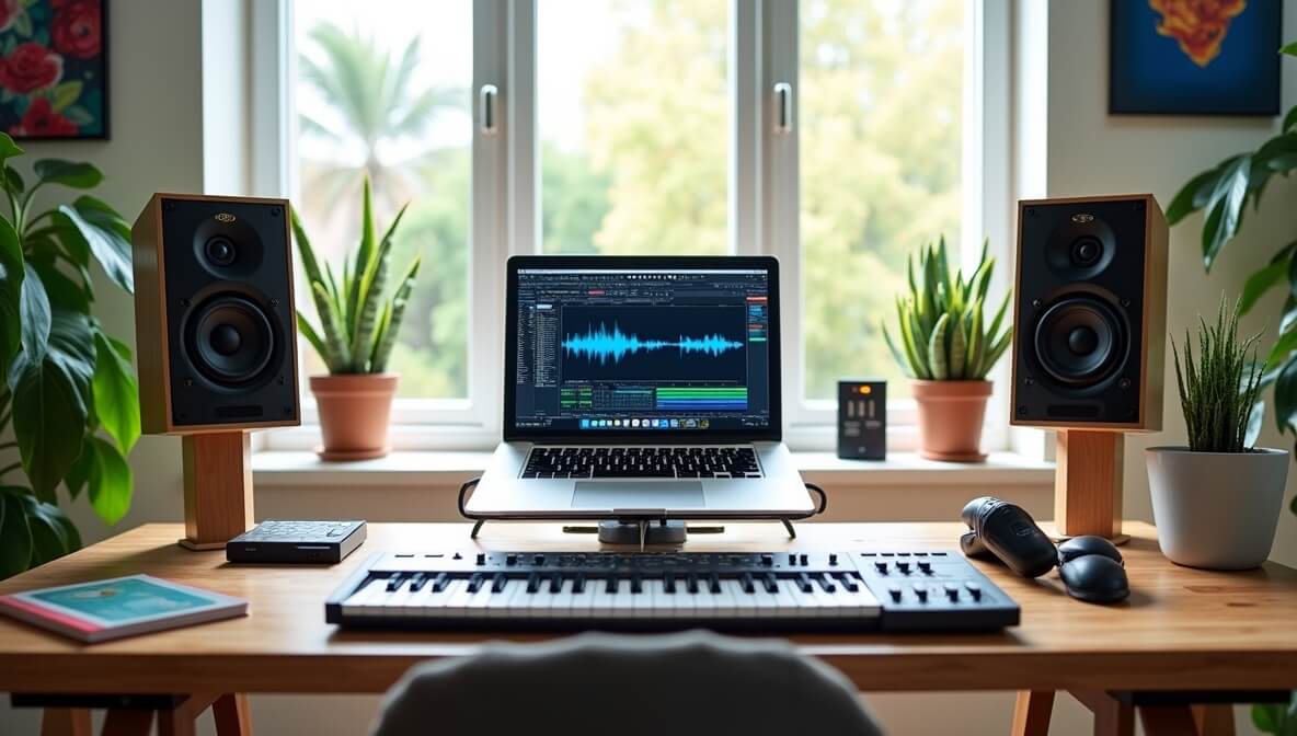 Home studio with laptop running a DAW, MIDI keyboard, and speakers for music production.