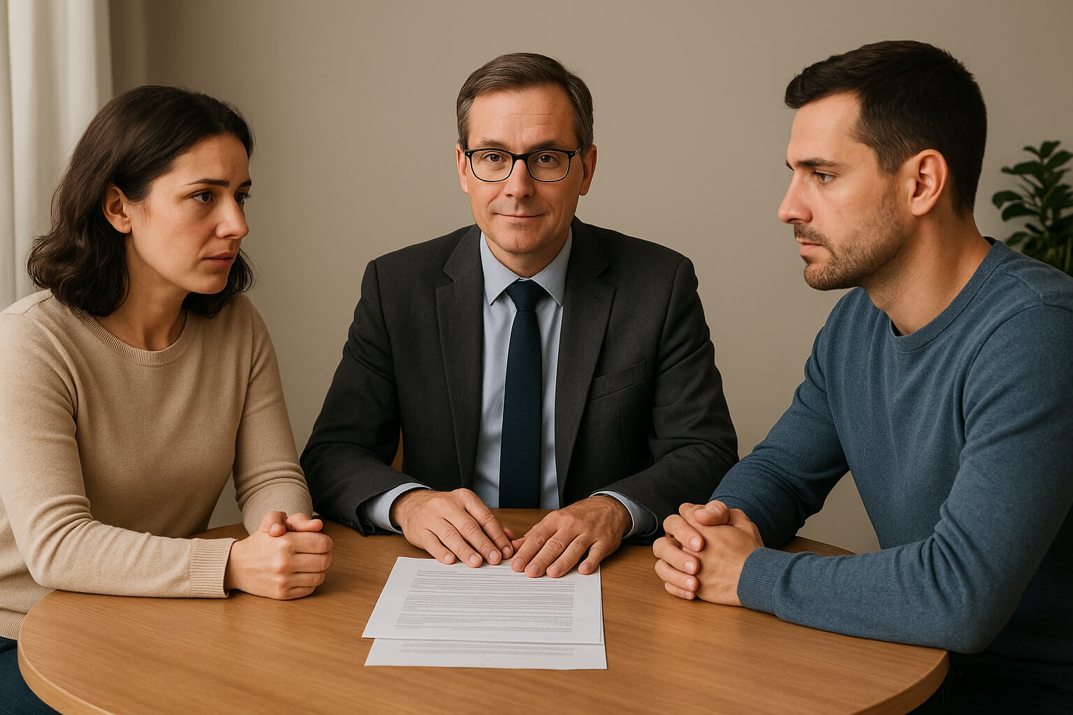 Family law mediator facilitating a discussion between a divorcing couple in a calm office setting.