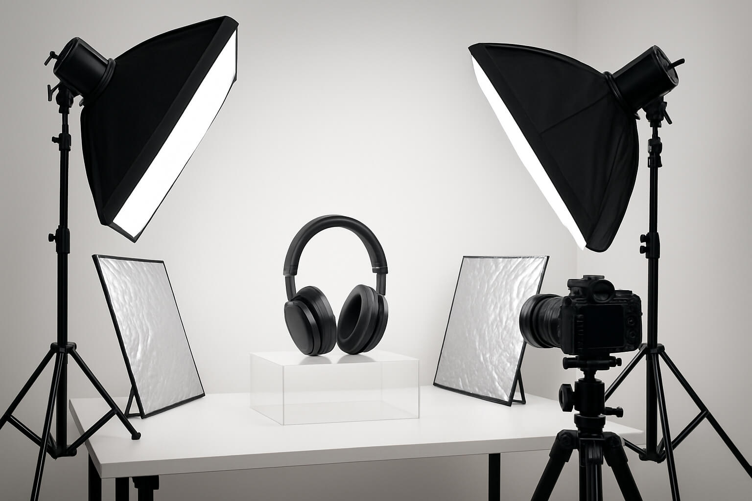 Best lighting setup for product photography using softboxes, tripod, and reflectors in a studio