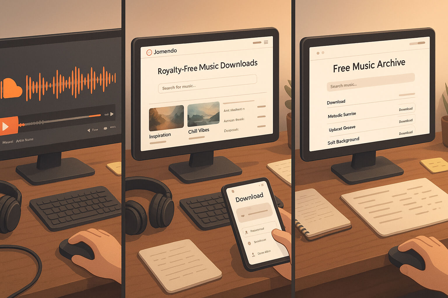 A side-by-side comparison of SoundCloud, Jamendo, and Free Music Archive being browsed for music downloads.