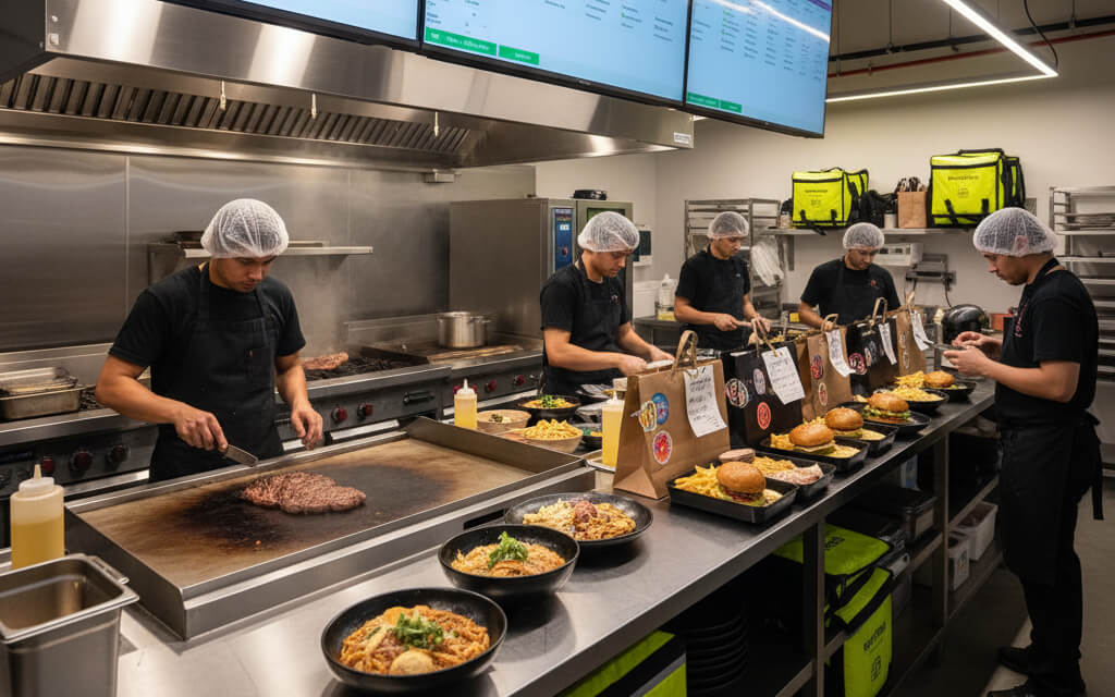 Chefs working in a ghost kitchen preparing multiple online orders with digital screens and delivery bags ready for pickup.