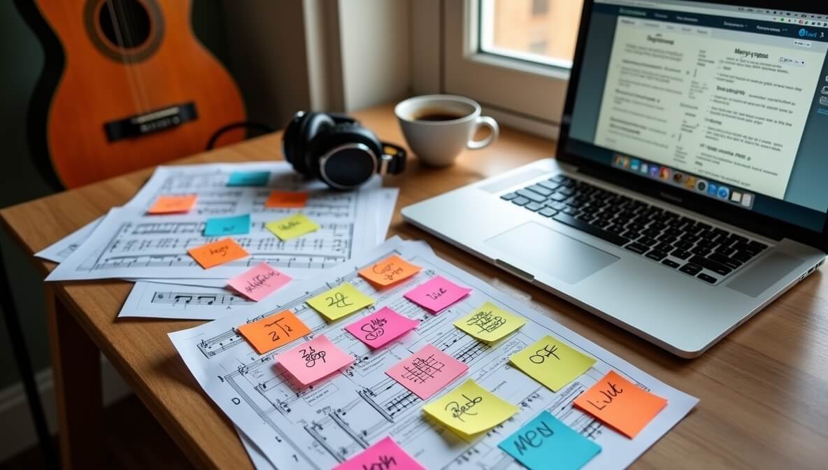 Desk setup with music sheets, laptop, guitar, and sticky notes for a DIY learning plan.