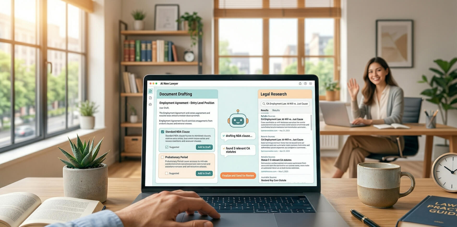 Beginner lawyer using simple AI tools for legal work on a laptop