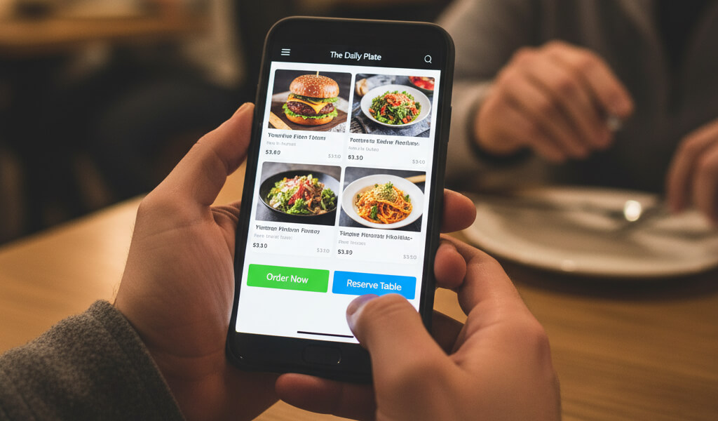 Restaurant diner using smartphone to browse menu and reserve table on a mobile-first website.